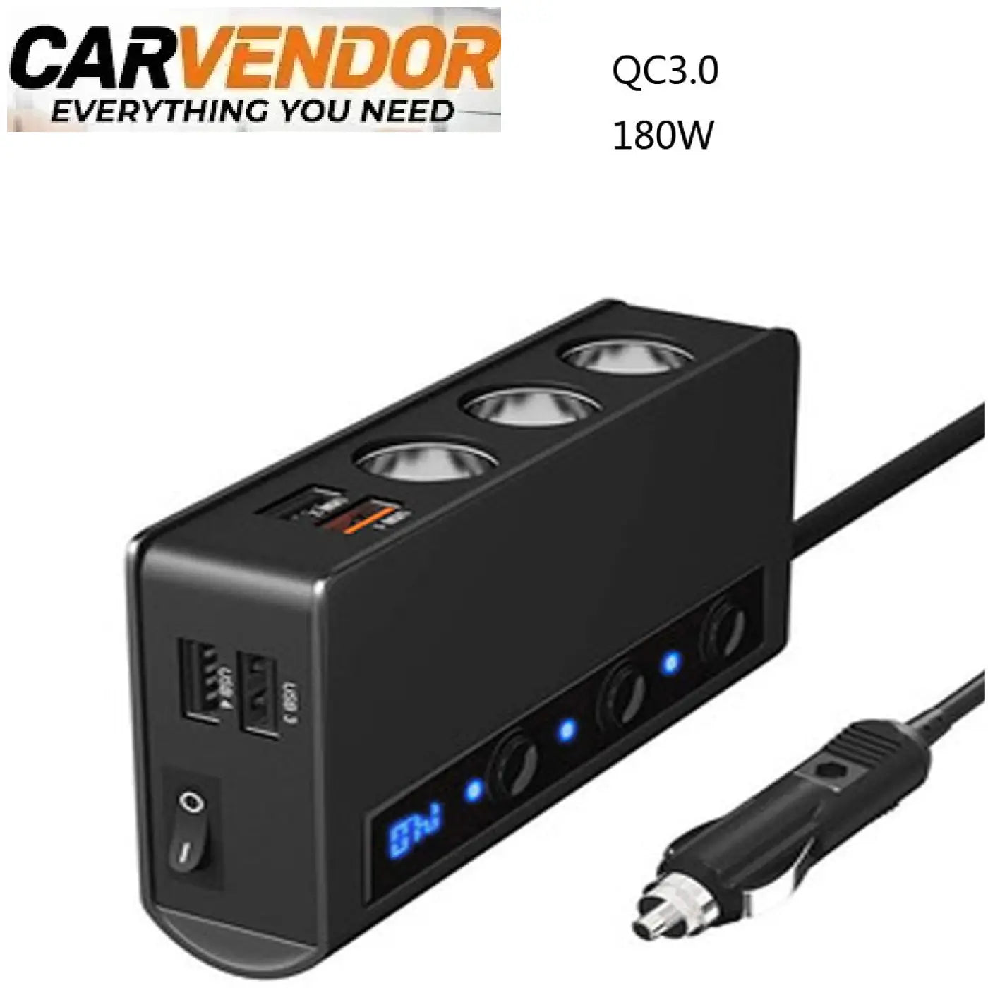 Tehokas musta 3-osainen 12v jakaja ja qc 3.0 pikalaturi 180w useilla usb porteilla ja sinisellä led näytöllä