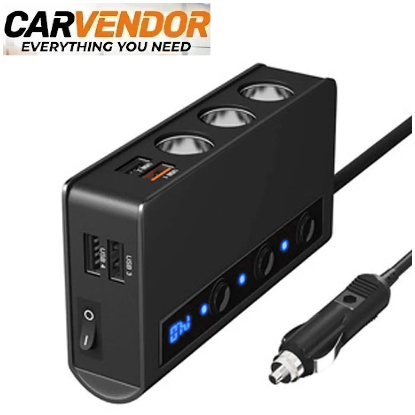 Tehokas musta 12v jakaja ja qc 3.0 pikalaturi useilla usb porteilla, kolmella led valolla ja digitaalilla näytöllä