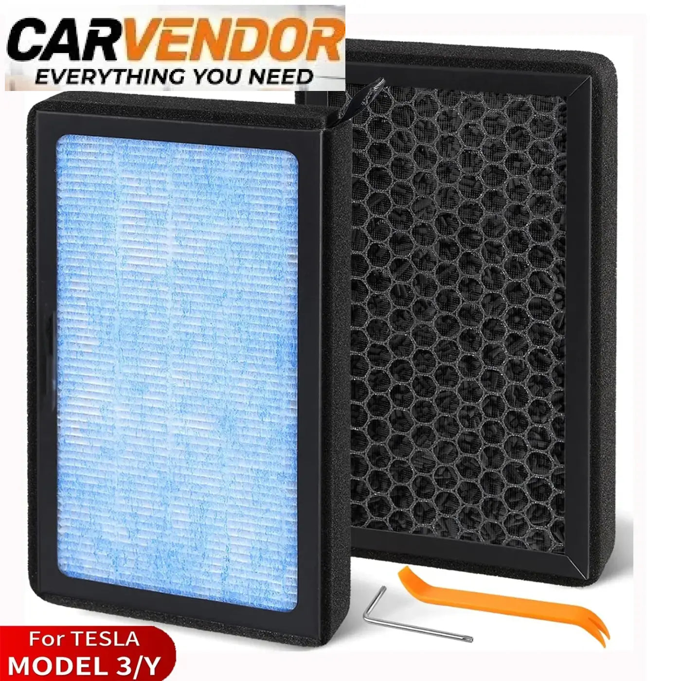 Black-framed tesla model 3 and y hepa air filters with blue pleated and black honeycomb carbon media plus tool