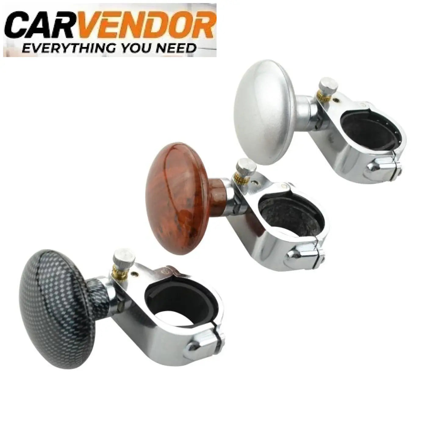 Three urakkanuppi car steering wheel helpers with chrome clamps and silver, amber wood-grain, and black carbon knobs