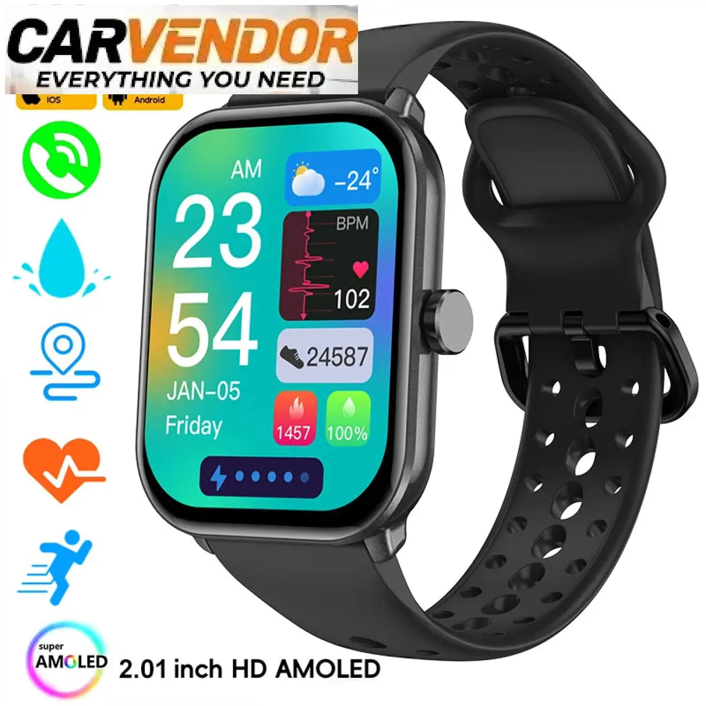 Musta carvendor smartwatch 2.01 tuuman hd amoled näytöllä ja rei’itetyllä urheilurannekkeella watch 5 älykello