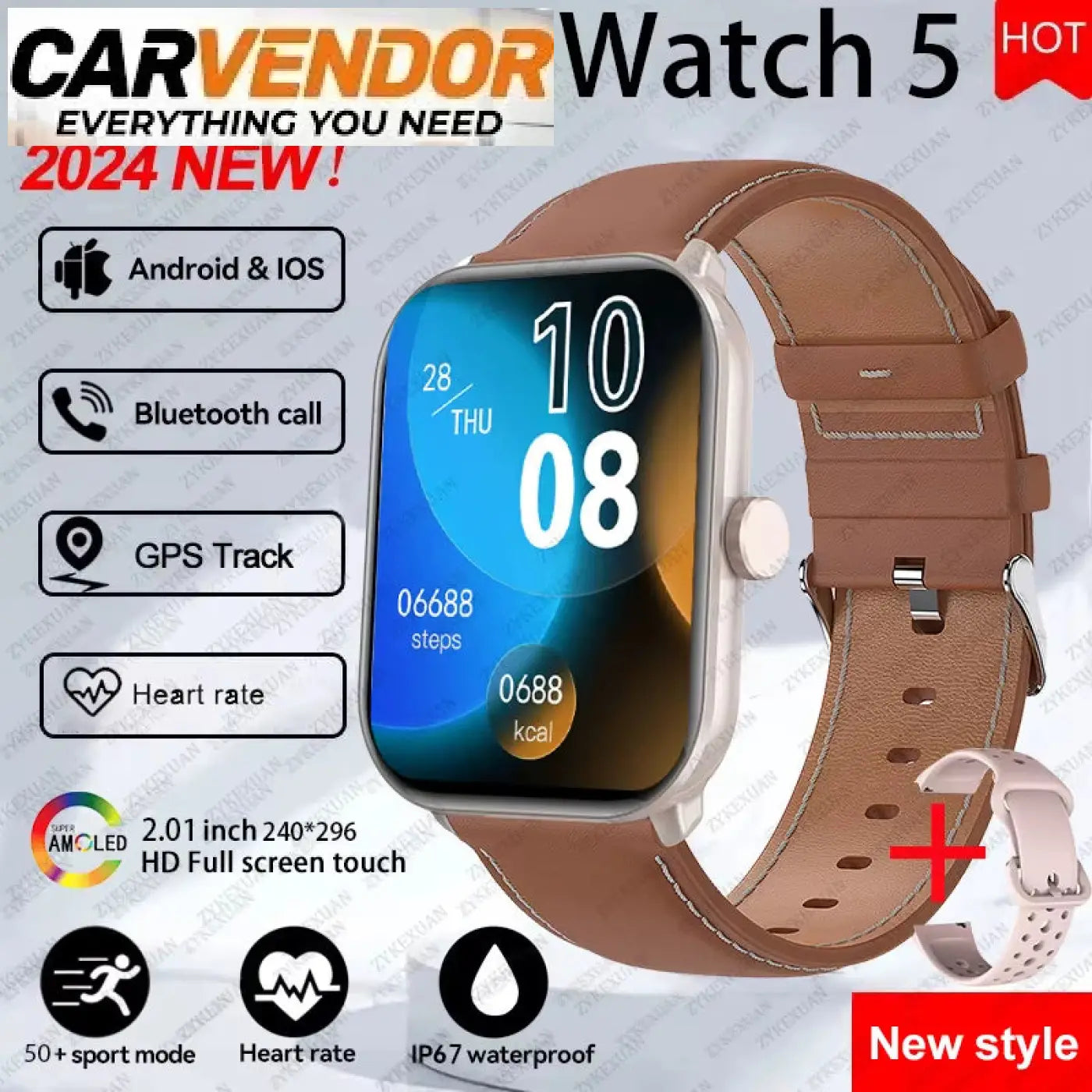 Brown nahkarannekkeinen watch 5 älykello 2,01 tuuman amoled-näytöllä ja hopeanvärisellä reunuksella androidiin ja iosiin