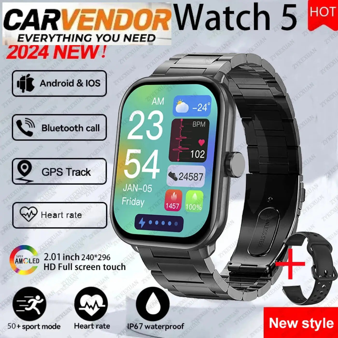 Mustan metallin carvendor watch 5 älykello 2,01 tuuman hd-näytöllä bluetooth-puheluilla ja sykemittauksella