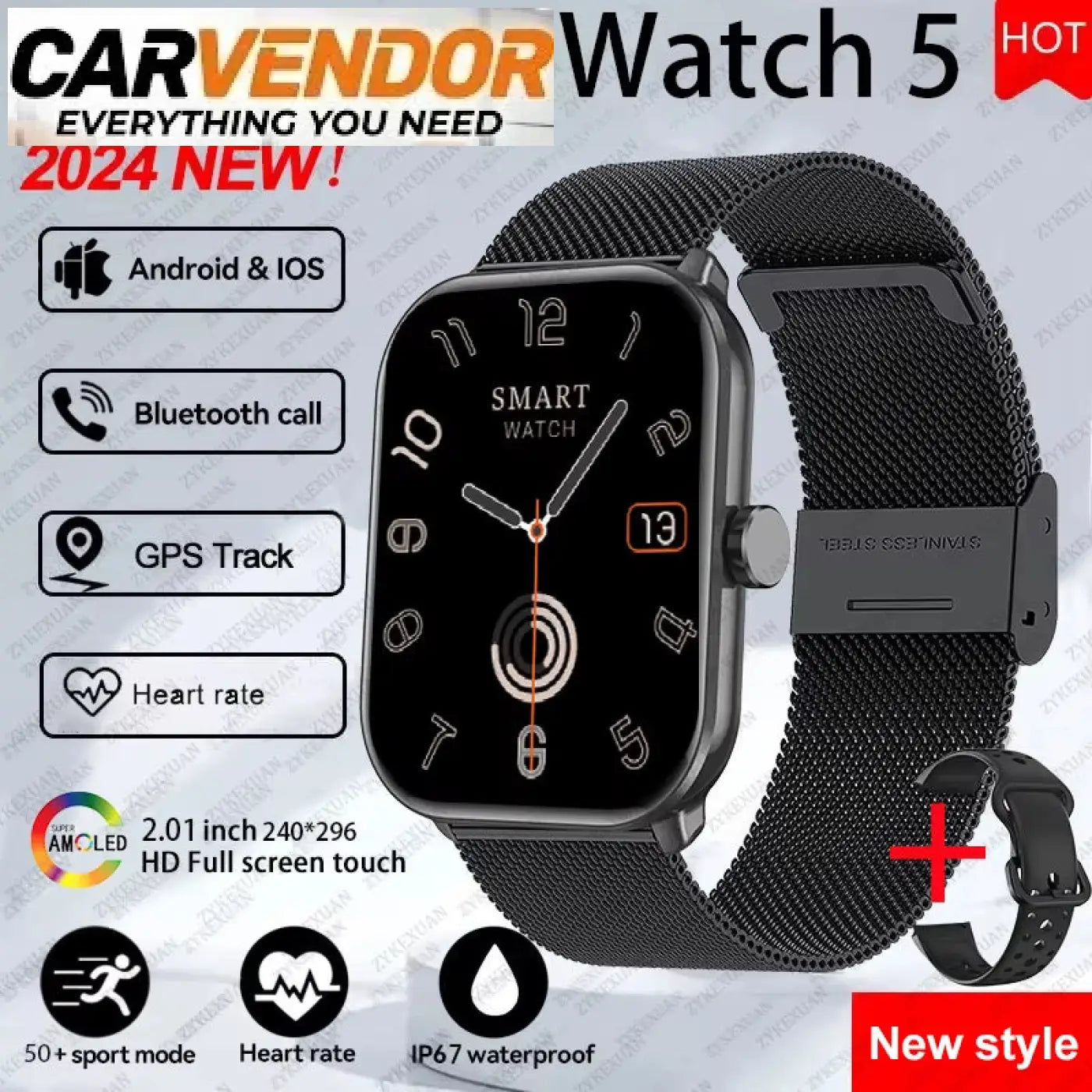 Watch 5 älykello musta ruostumaton teräs mesh ranneke 2.01 tuuman hd-näyttö gps ja sykemittaus android ja ios yhteensopiva