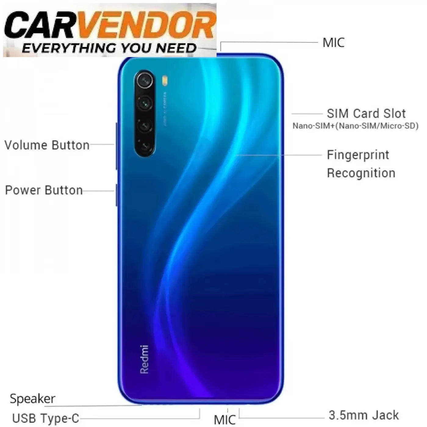 Takakuva sinisellä liukuvärillä olevasta xiaomi redmi note 8 / note 8 2021 älypuhelimesta, jossa kolmoiskamera ja sormenjälkitunnistin