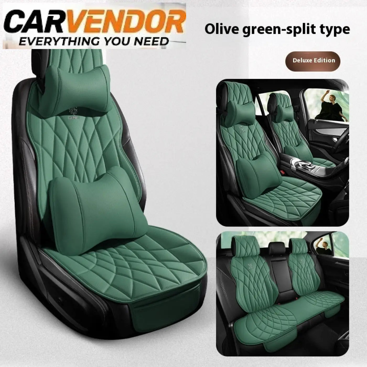 Olive green quilted split-type car seat cover set in deluxe edition yleismallinen premium-istuinsuojasarja keinonahkaa 5-paikkaiseen
