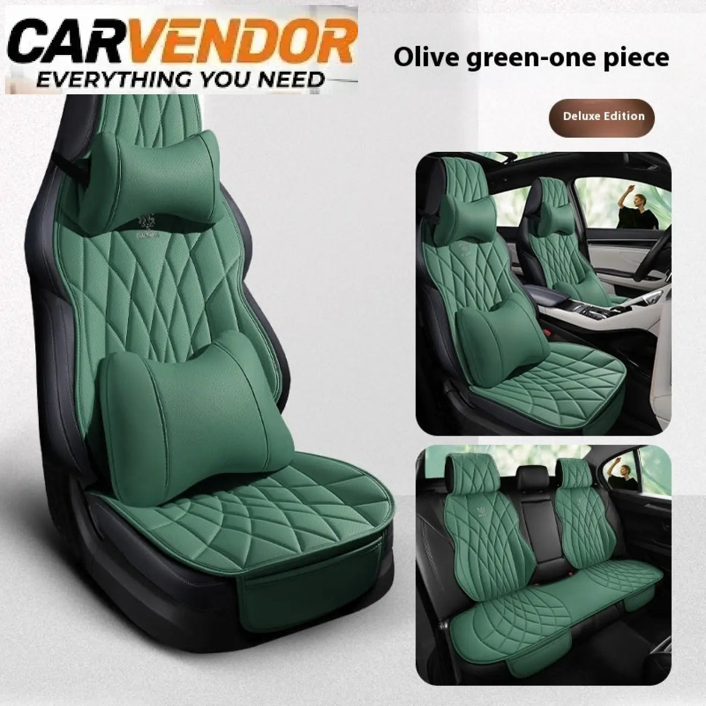 Yleismallinen premium-istuinsuojasarja olive green keinonahkaa quiltattu 5-paikkaiseen autoon pääntuki- ja lannerahilla